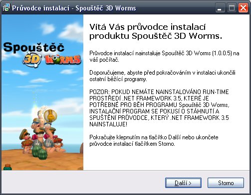 Spouštěč 3D Worms – instalace – úvodní obrazovka
